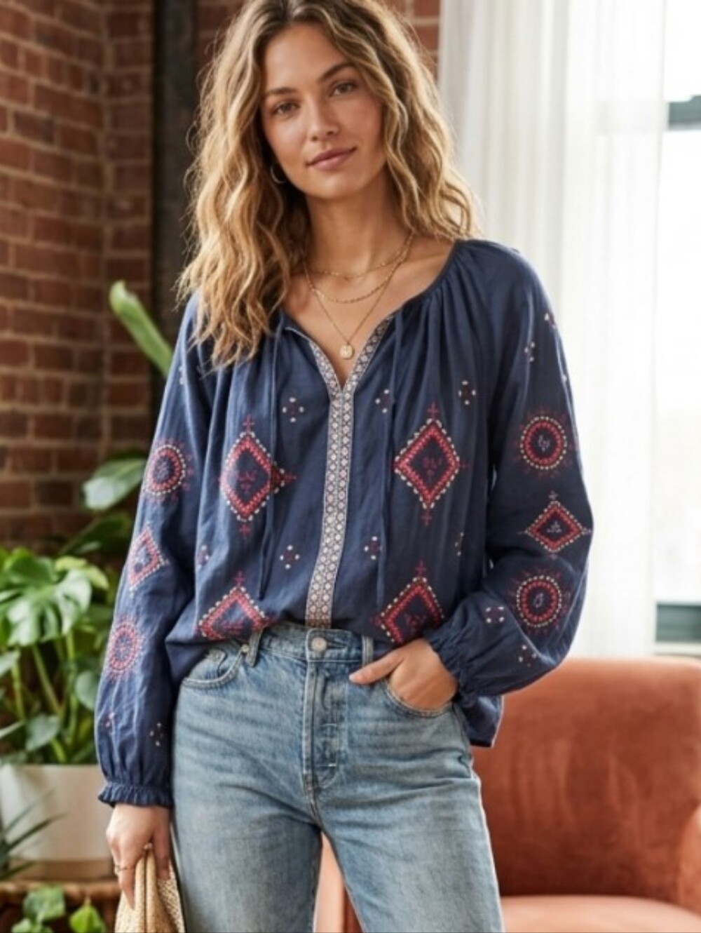 easel Navy Blue Boho Embroidered Peasant Blouse NWT Size L